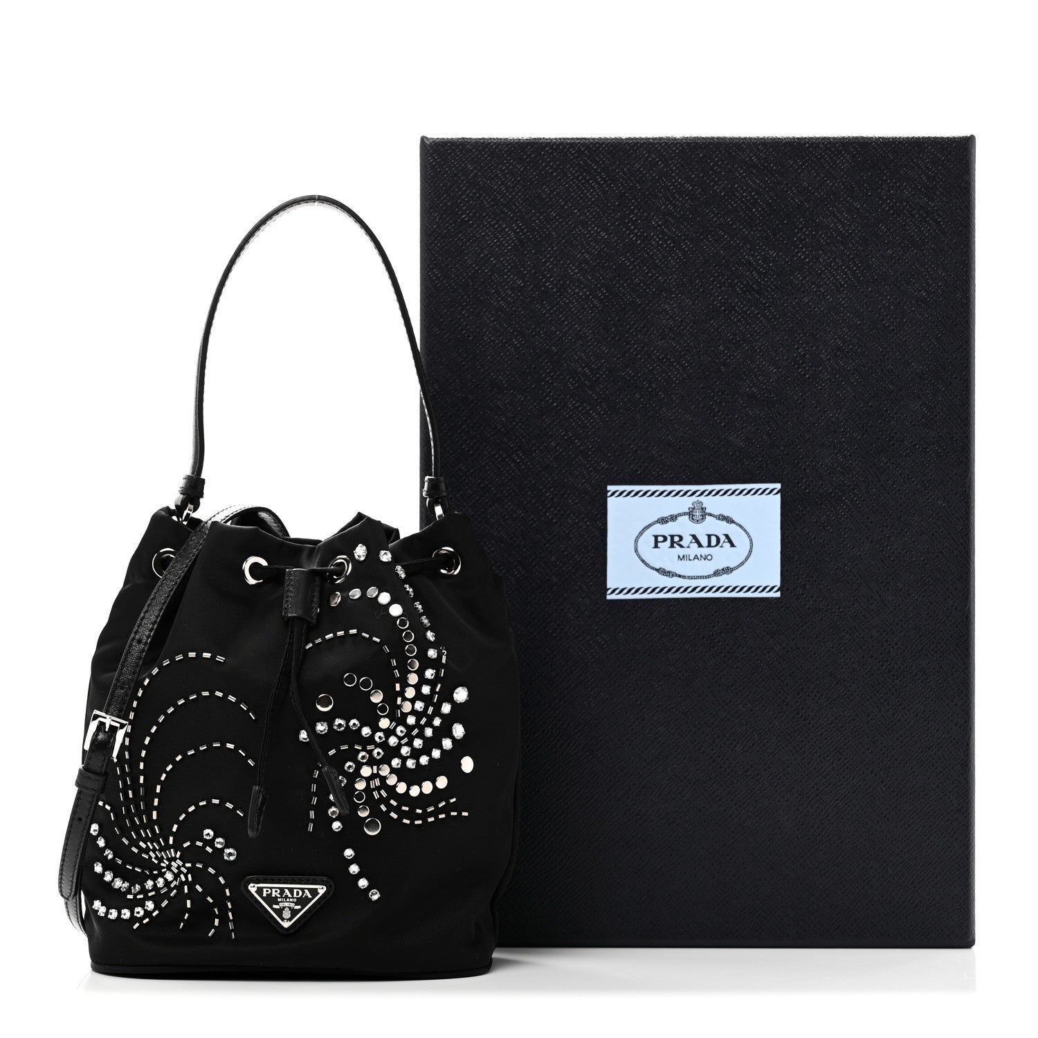 Prada Tessuto Saffiano Ricamo Sequin Crystal Embellished Mini Re-Edition 1978 Bucket Bag Black