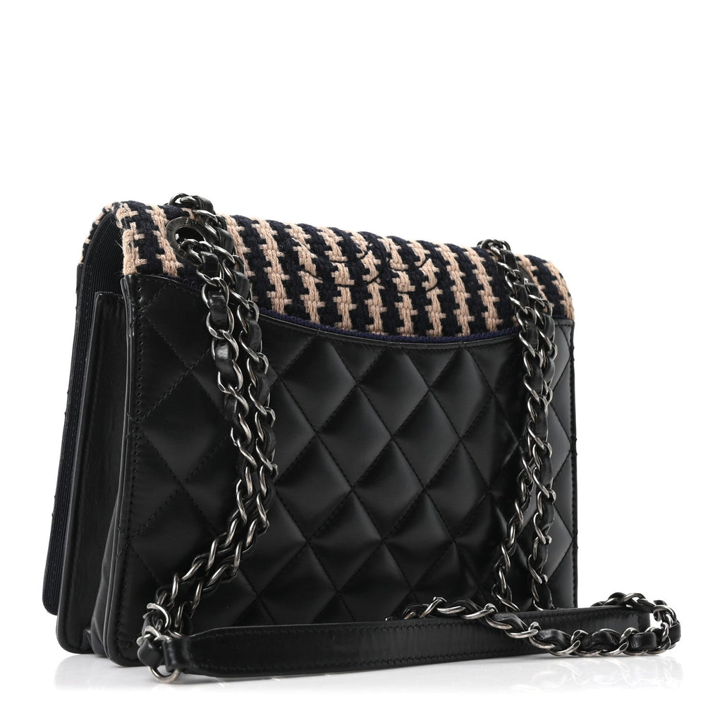 Chanel Tweed Calfskin Quilted Ballerine Flap Black Navy Beige