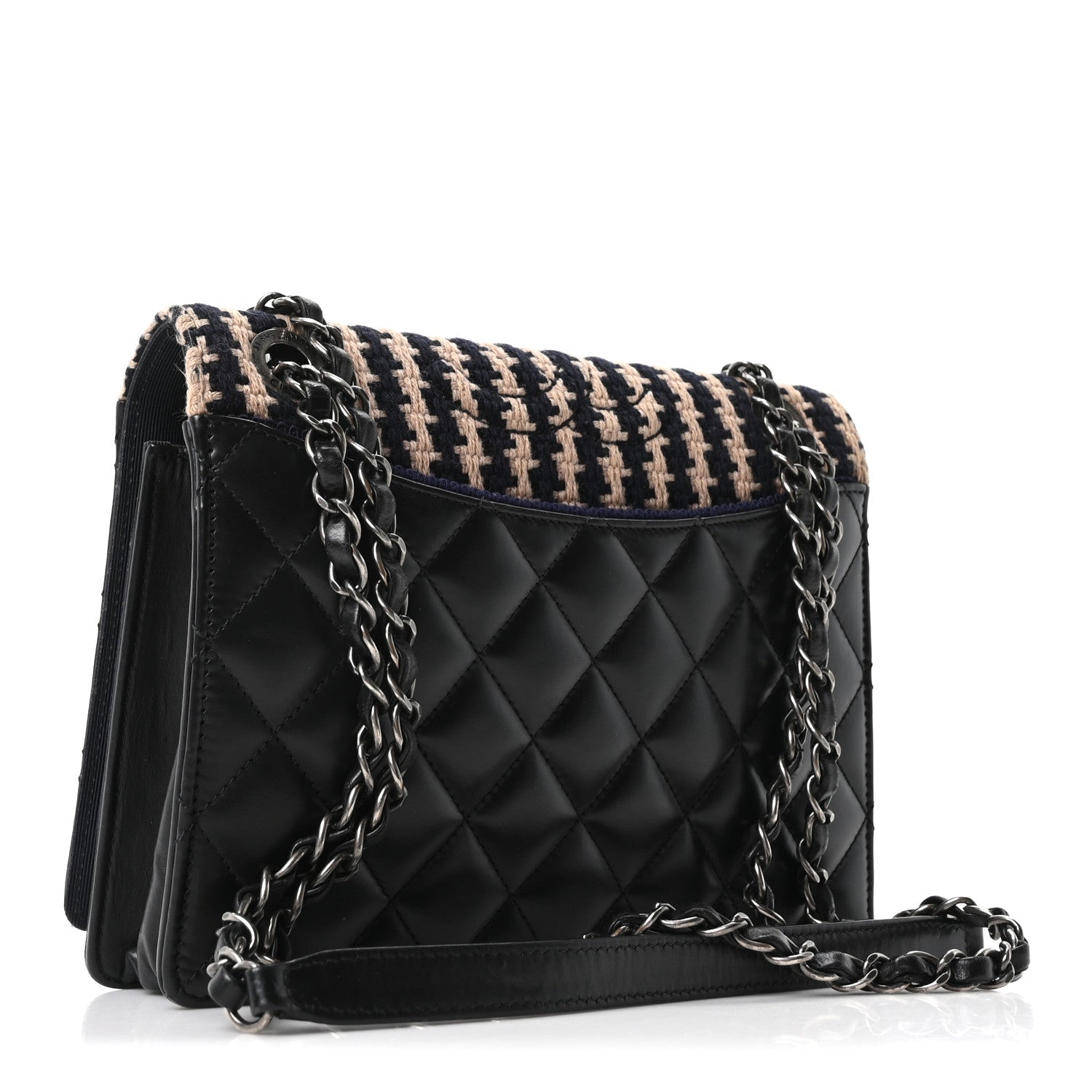 Chanel Tweed Calfskin Quilted Ballerine Flap Black Navy Beige