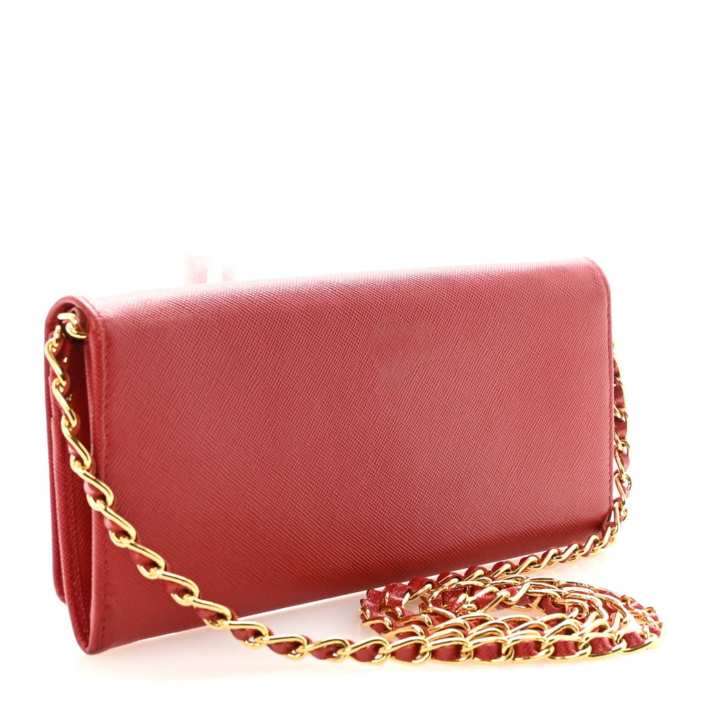 Prada Saffiano Metal Oro Chain Wallet Fuoco