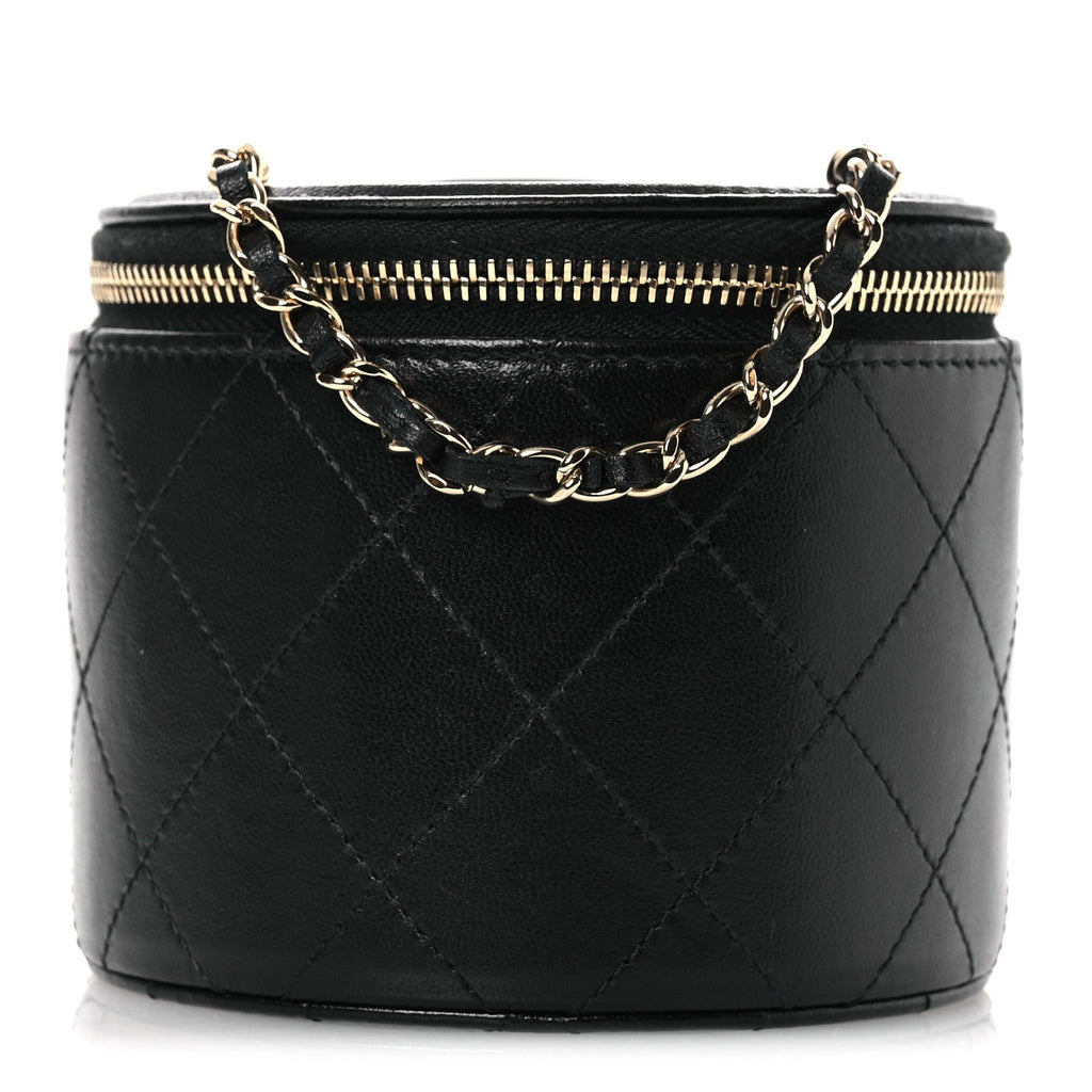 Chanel Lambskin Quilted Round Small Vanity Case With Chain Black