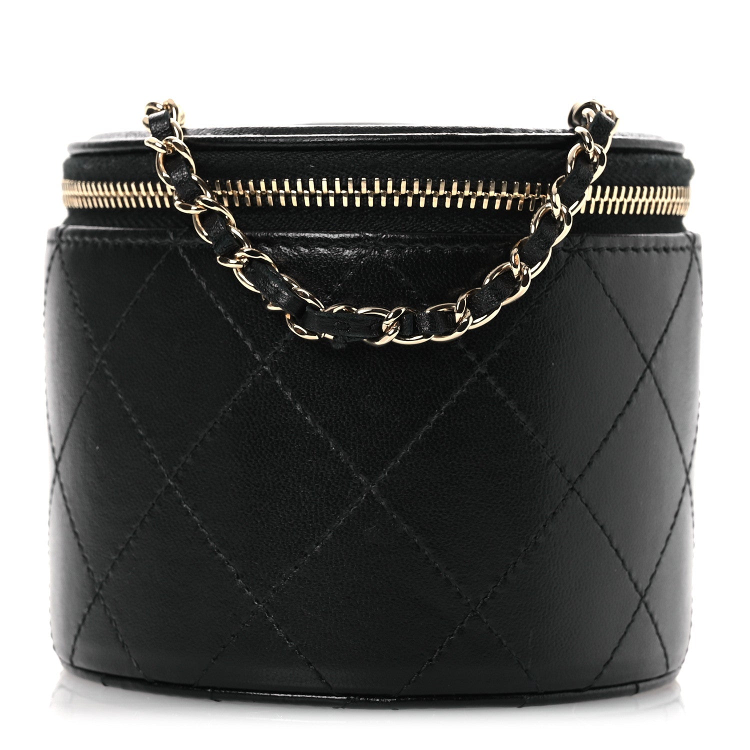 Chanel Lambskin Quilted Round Small Vanity Case With Chain Black