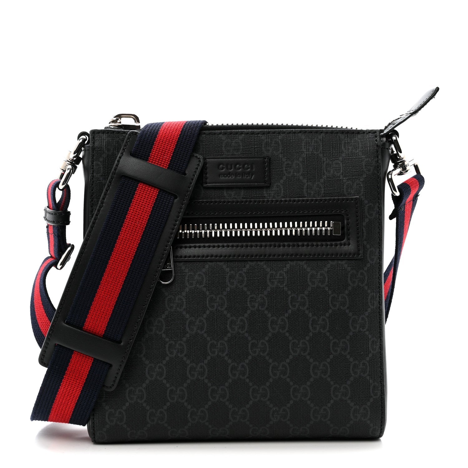 Gucci GG Supreme Monogram Web Small Flat Messenger Bag Black Grey