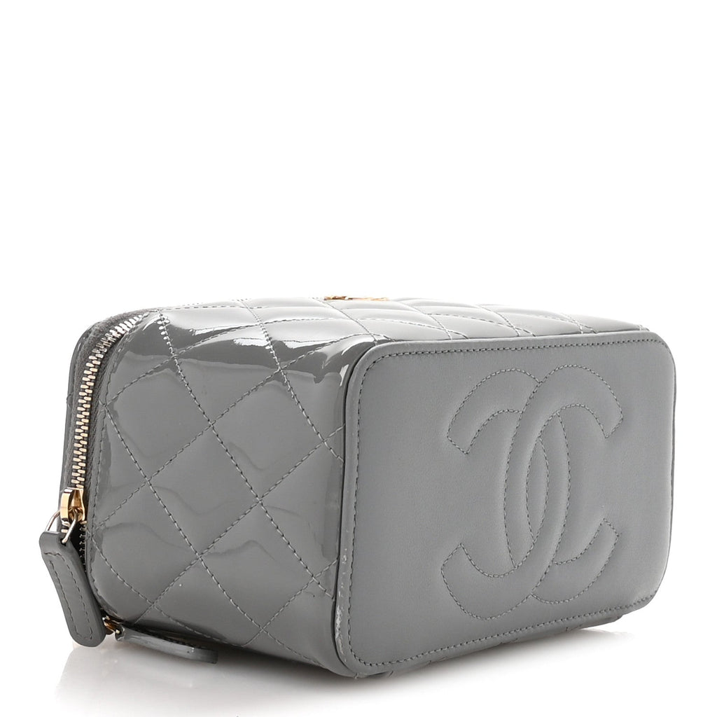 Chanel Patent Quilted Quilted Small Top Handle Vanity Case With Chain Grey