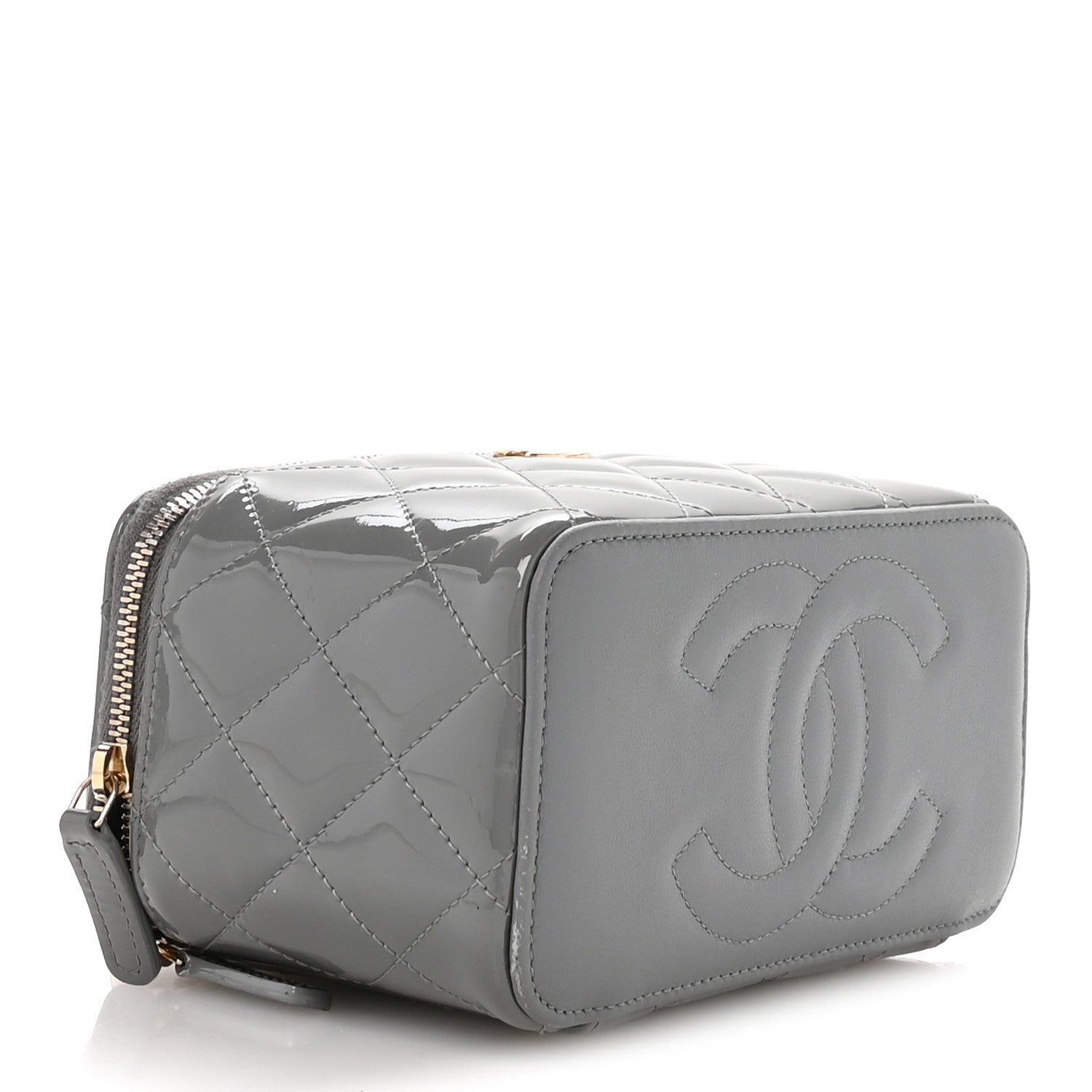Chanel Patent Quilted Quilted Small Top Handle Vanity Case With Chain Grey