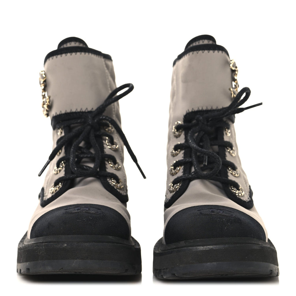 Fabric Grosgrain Lambskin Quilted Lace Up Combat Boot 36 Gray