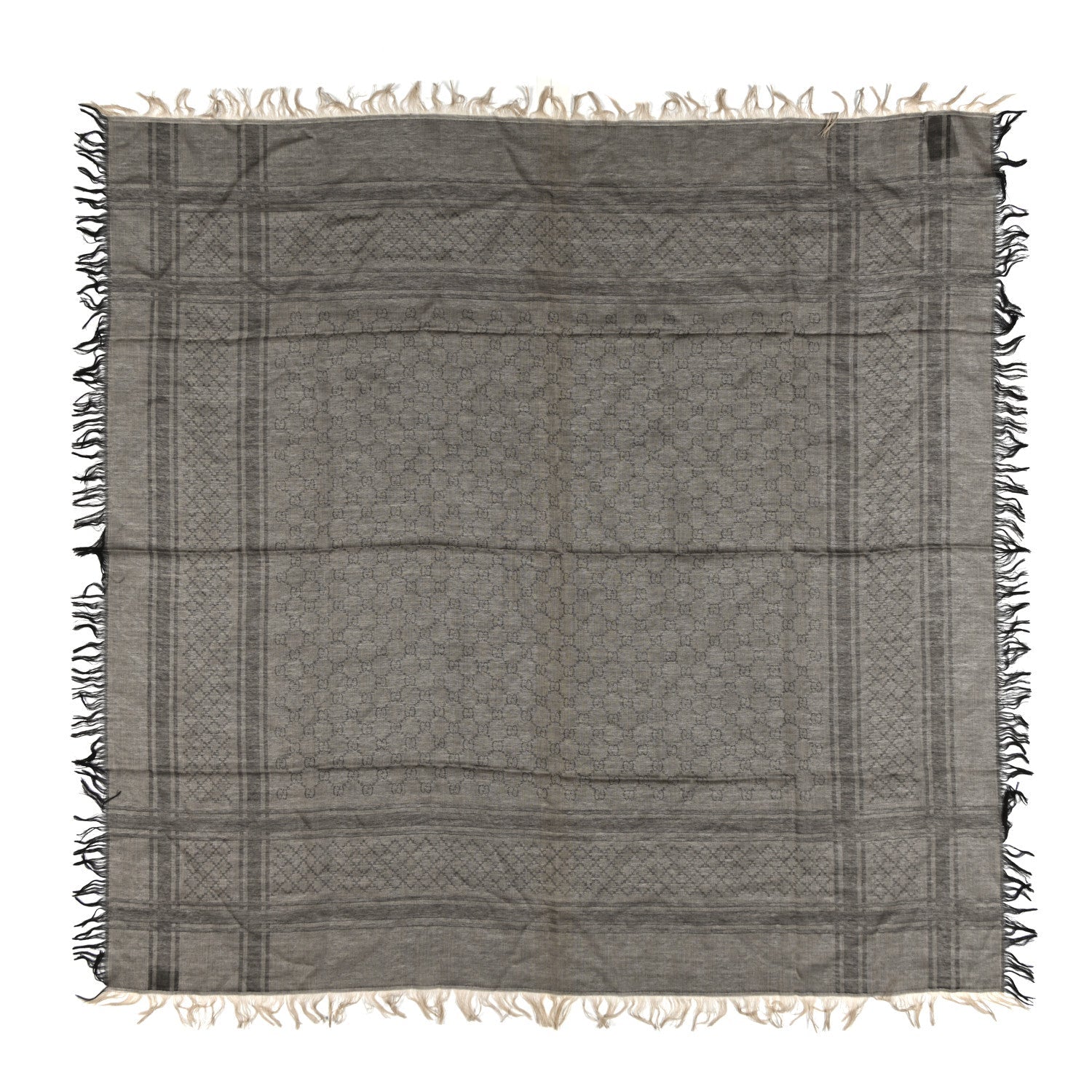 Gucci Wool Silk GG Monogram Diamante Plaid Surviee Shawl Beige Dark Brown
