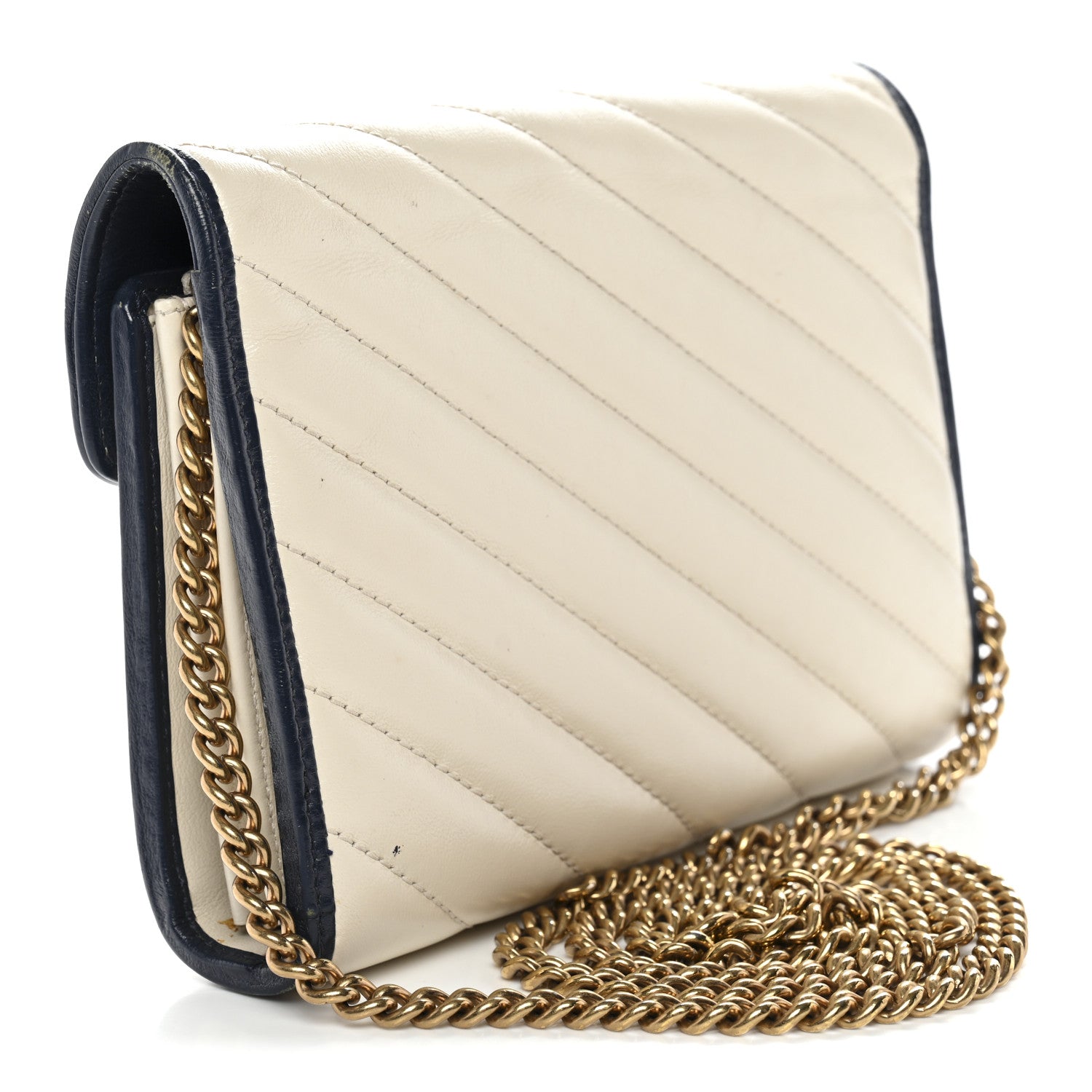 Gucci Vintage Effect Calfskin Matelasse Diagonal Torchon GG Marmont Chain Wallet Mystic White Blue Agata