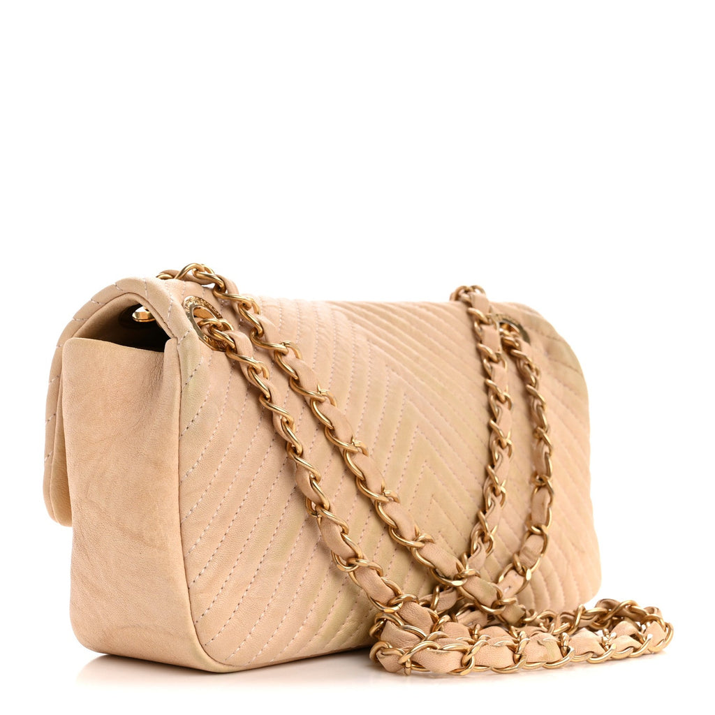 Chanel Calfskin Chevron Small Surpique Flap Beige