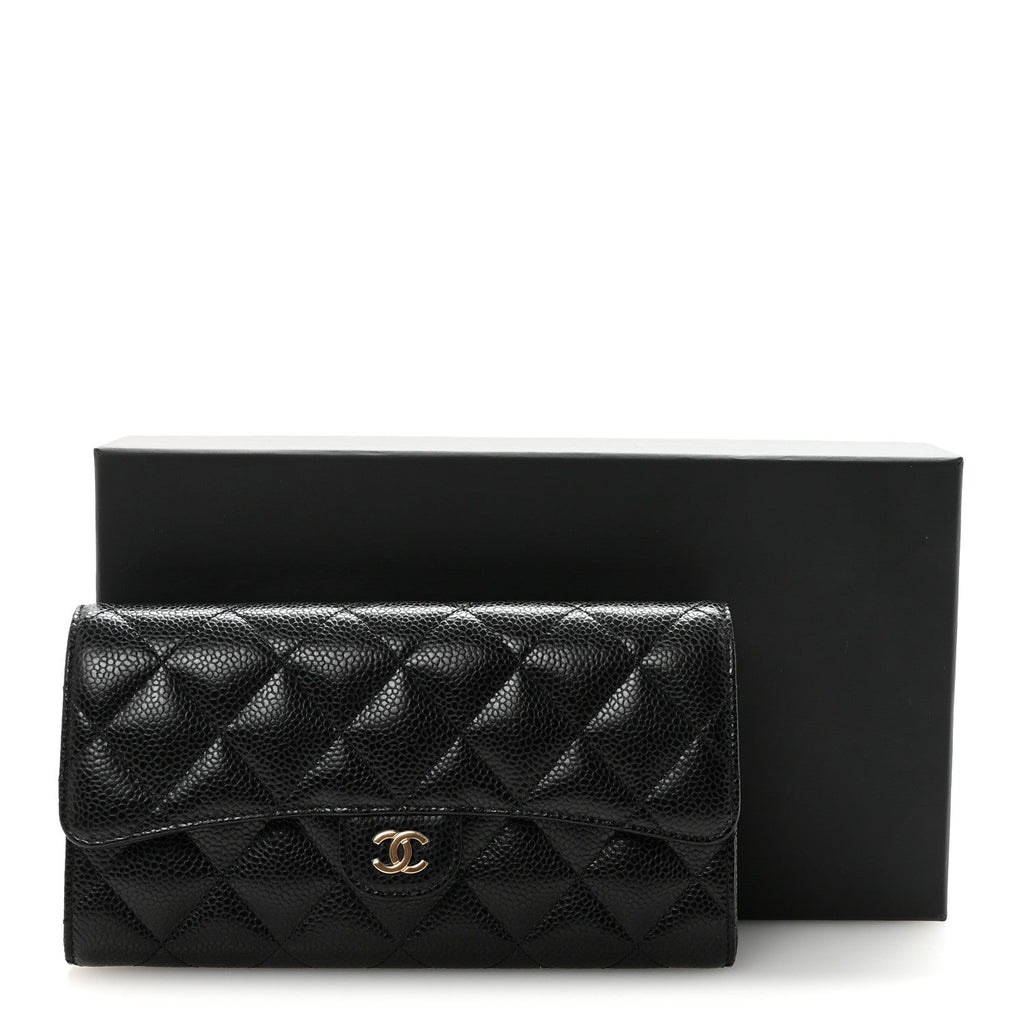 Caviar Quilted Large Gusset Flap Wallet Black