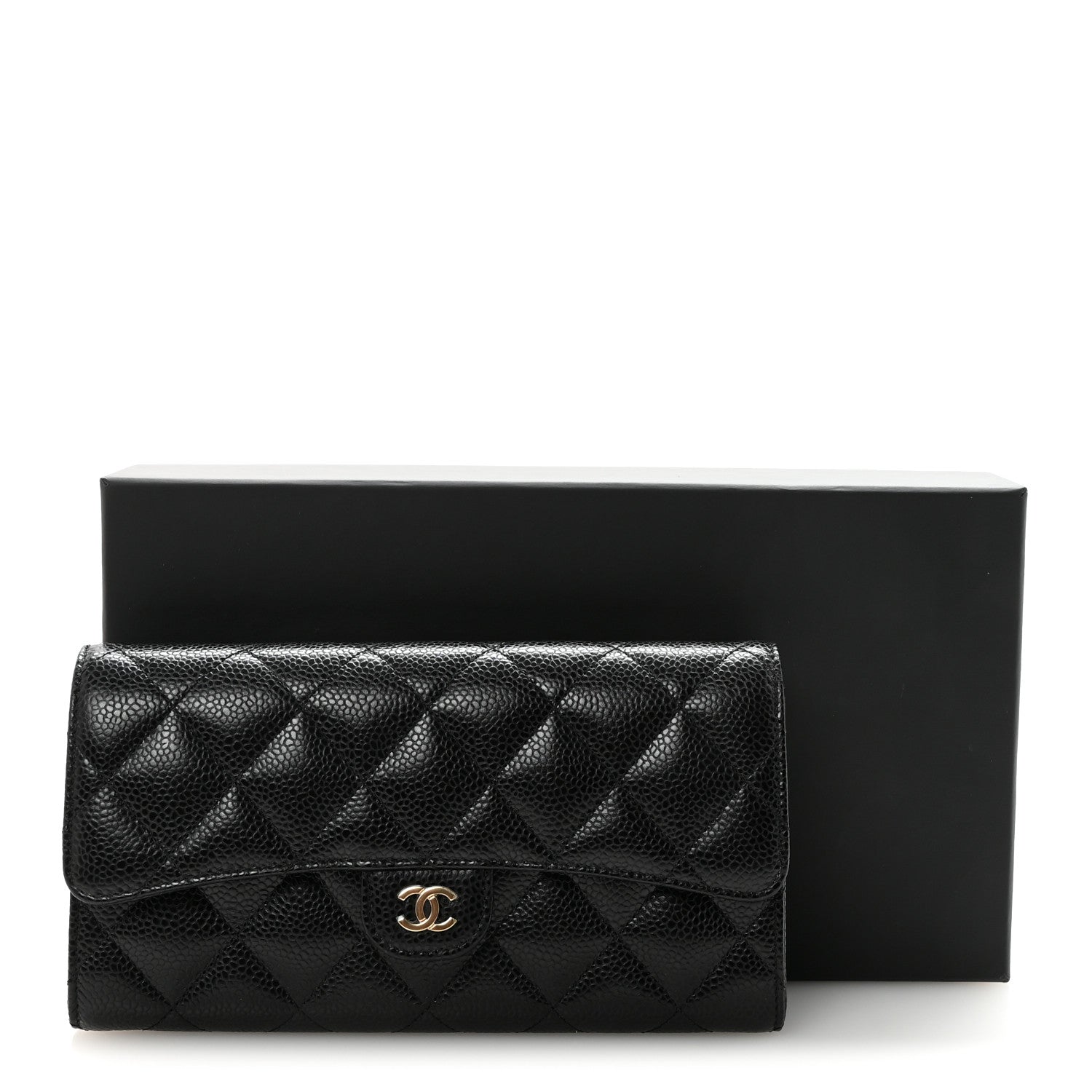 Caviar Quilted Large Gusset Flap Wallet Black