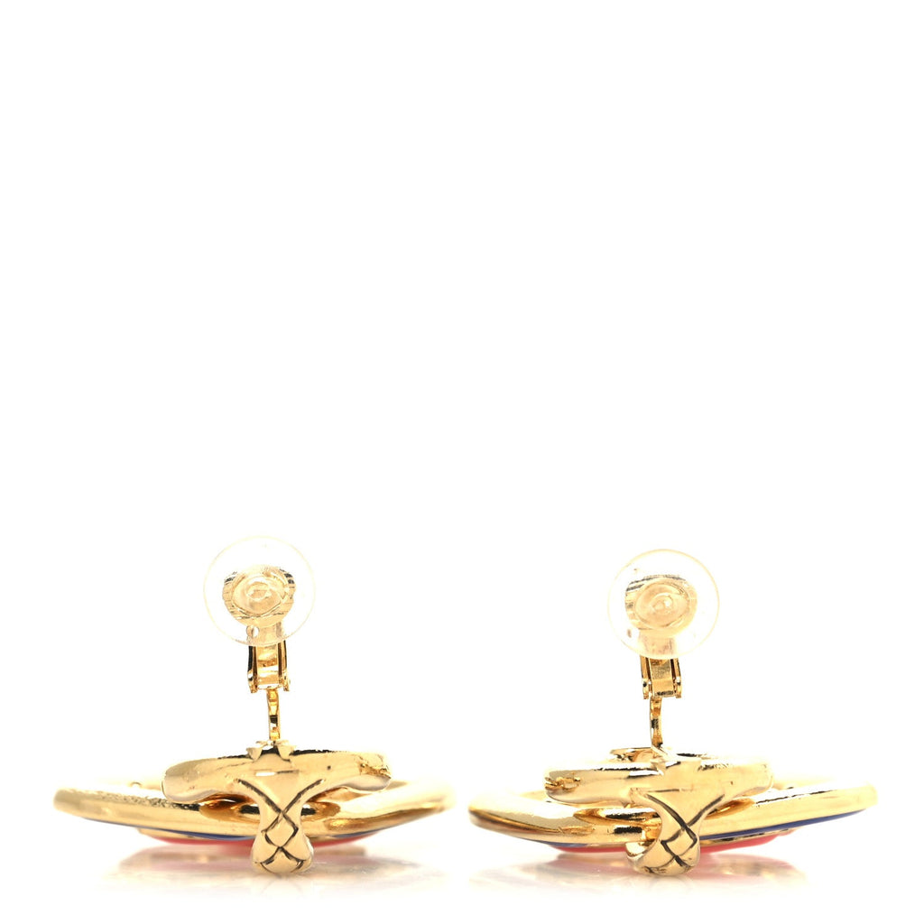 Metal Enamel Quilted CC Drop Earrings Gold Blue Pink