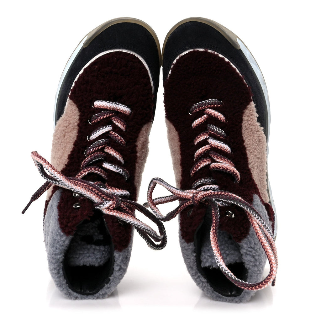 Chanel Shearling Suede CC High Top Sneakers 39 Grey Pink Burgundy