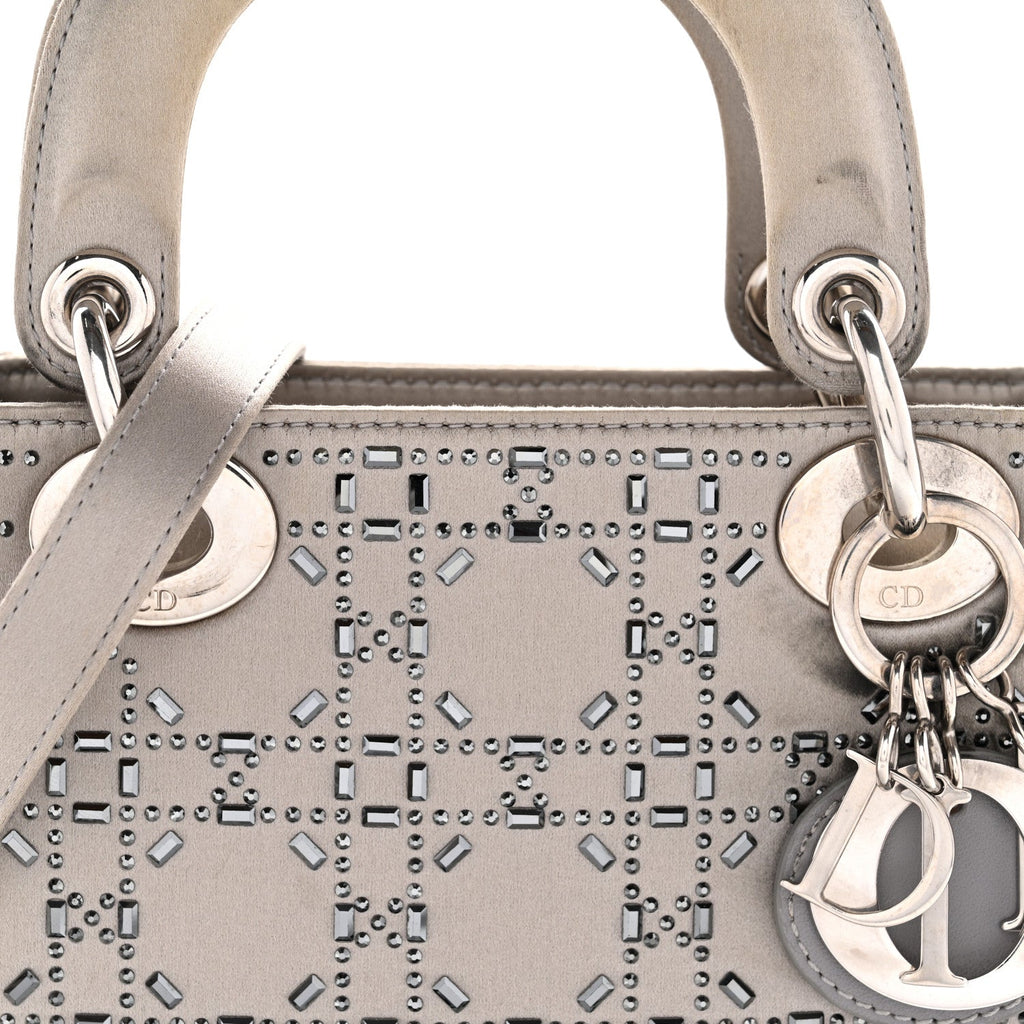 Christian Dior Satin Crystal Cannage Mini Lady Dior Gray