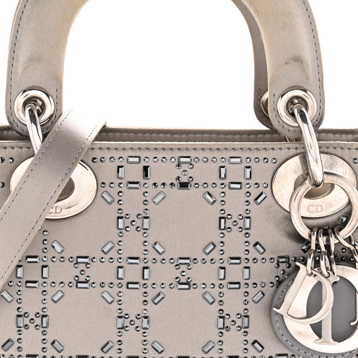 Christian Dior Satin Crystal Cannage Mini Lady Dior Gray