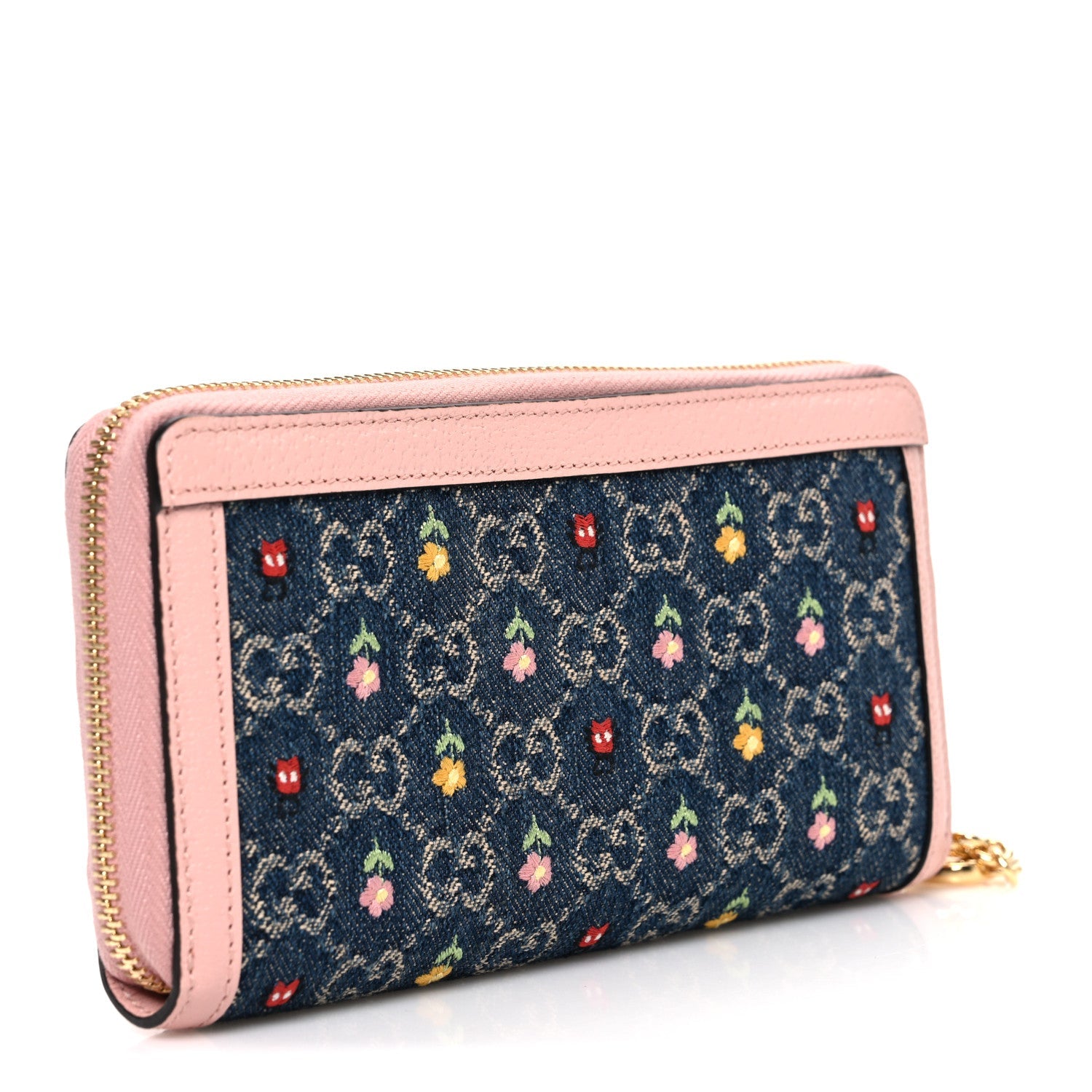 Gucci New Denim GG Monogram Calfskin Love Parade Zip Around Wallet Light Pink