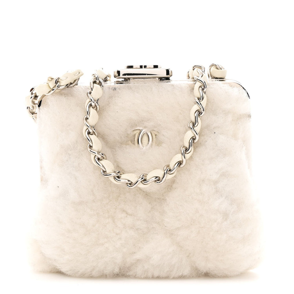 Chanel Shearling Sheepskin Lambskin Quilted Clutch With Chain White