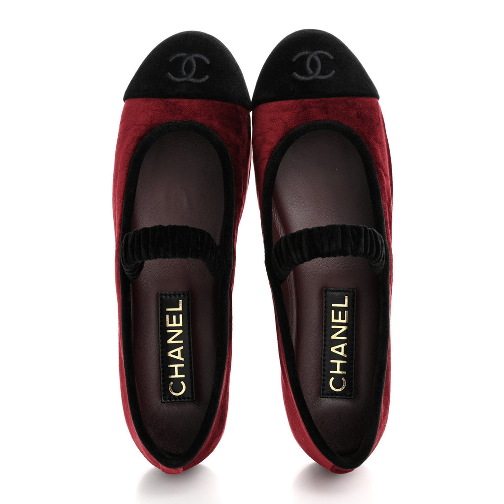 Chanel Velvet Mary Jane Flats 38 Burgundy Black