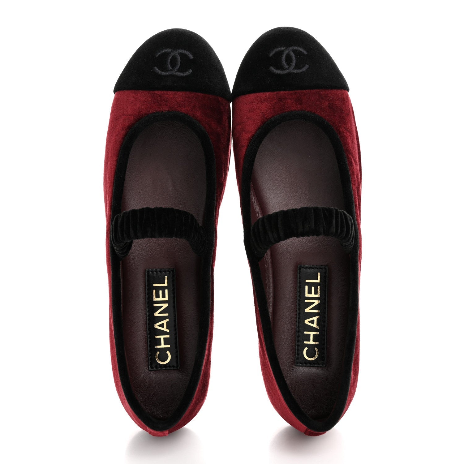Chanel Velvet Mary Jane Flats 38 Burgundy Black