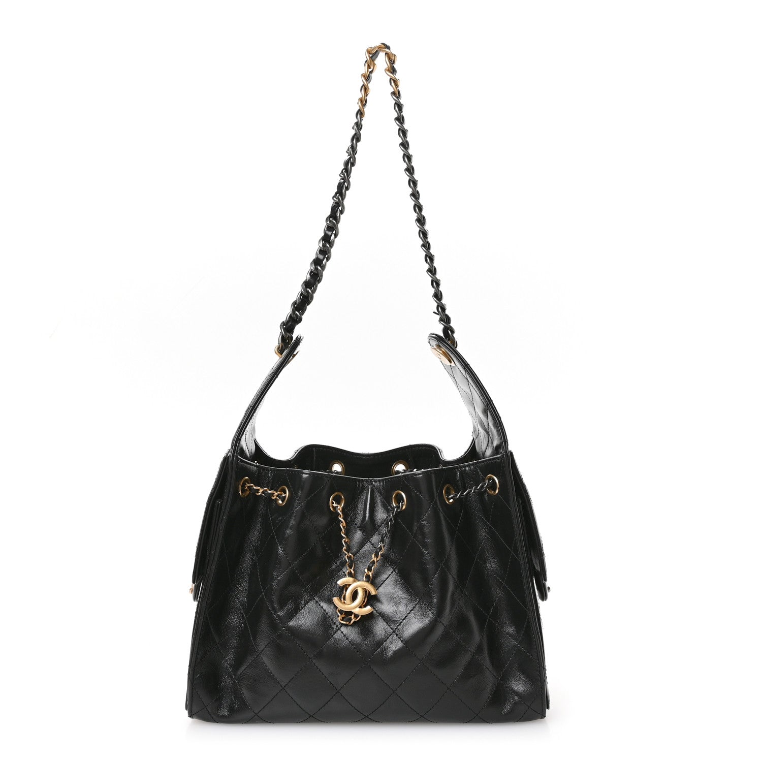 Chanel Shiny Crumpled Calfskin Quilted Small Chanel 25 Handbag Black