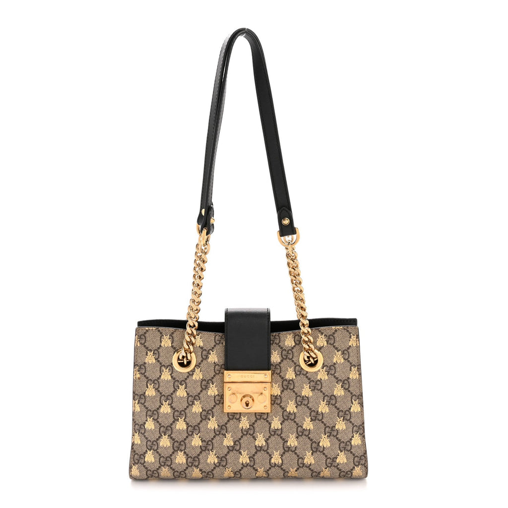 Gucci GG Supreme Monogram Bees Small Padlock Tote Beige Oro Black