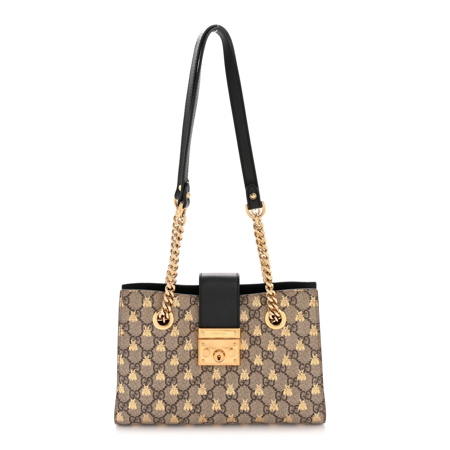 Gucci GG Supreme Monogram Bees Small Padlock Tote Beige Oro Black