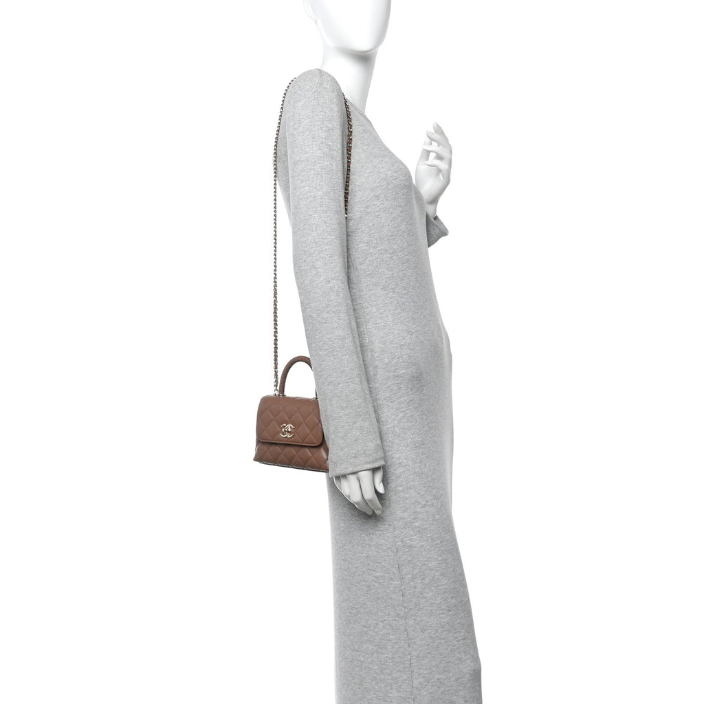 Chanel Caviar Lizard Embossed Quilted Coco Handle Clutch With Chain Brown