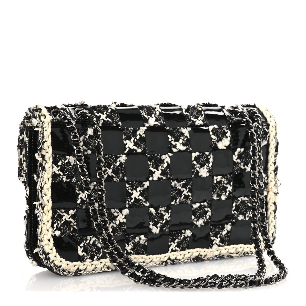 Chanel Tweed Patent Quilted Rectangular Flap Black White