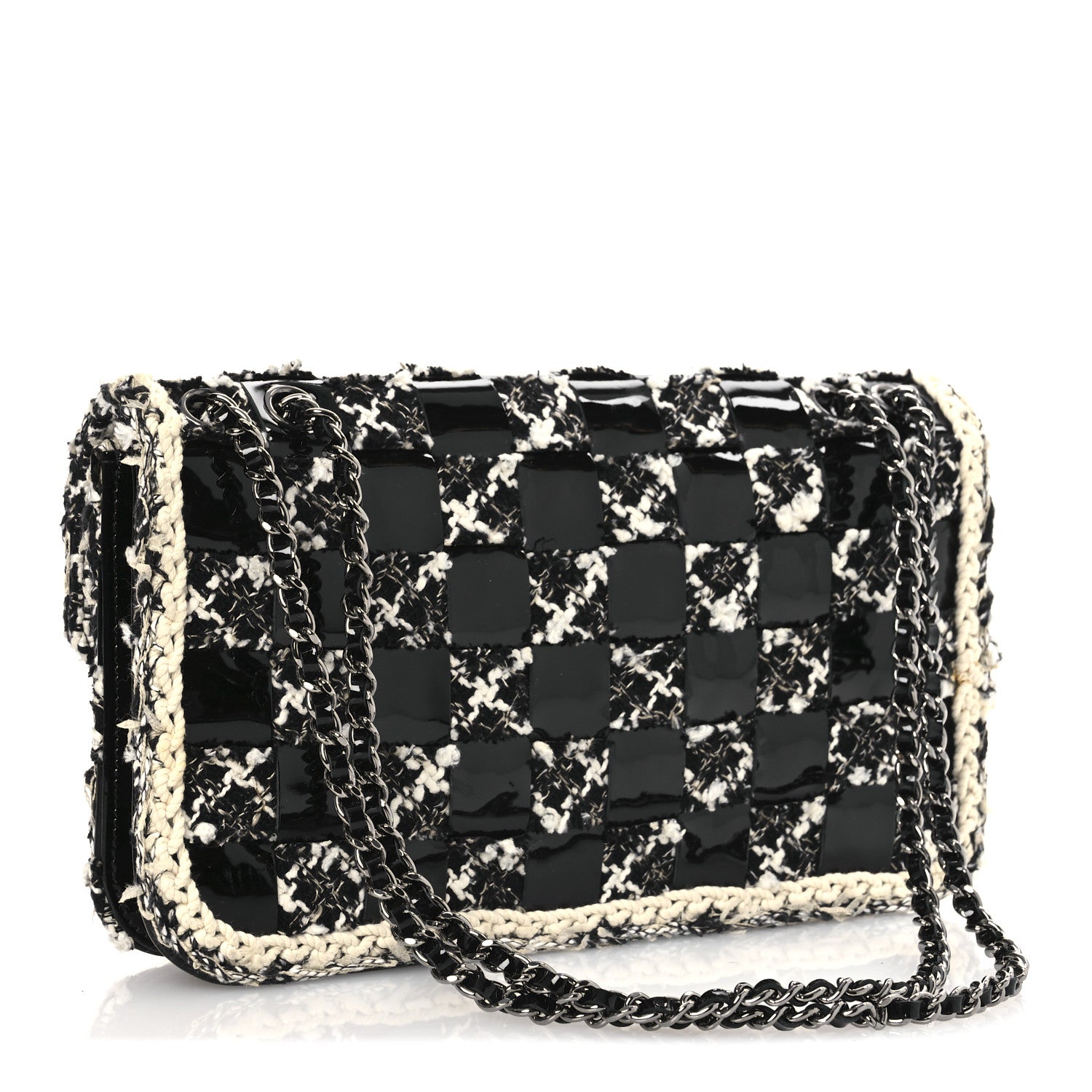 Chanel Tweed Patent Quilted Rectangular Flap Black White