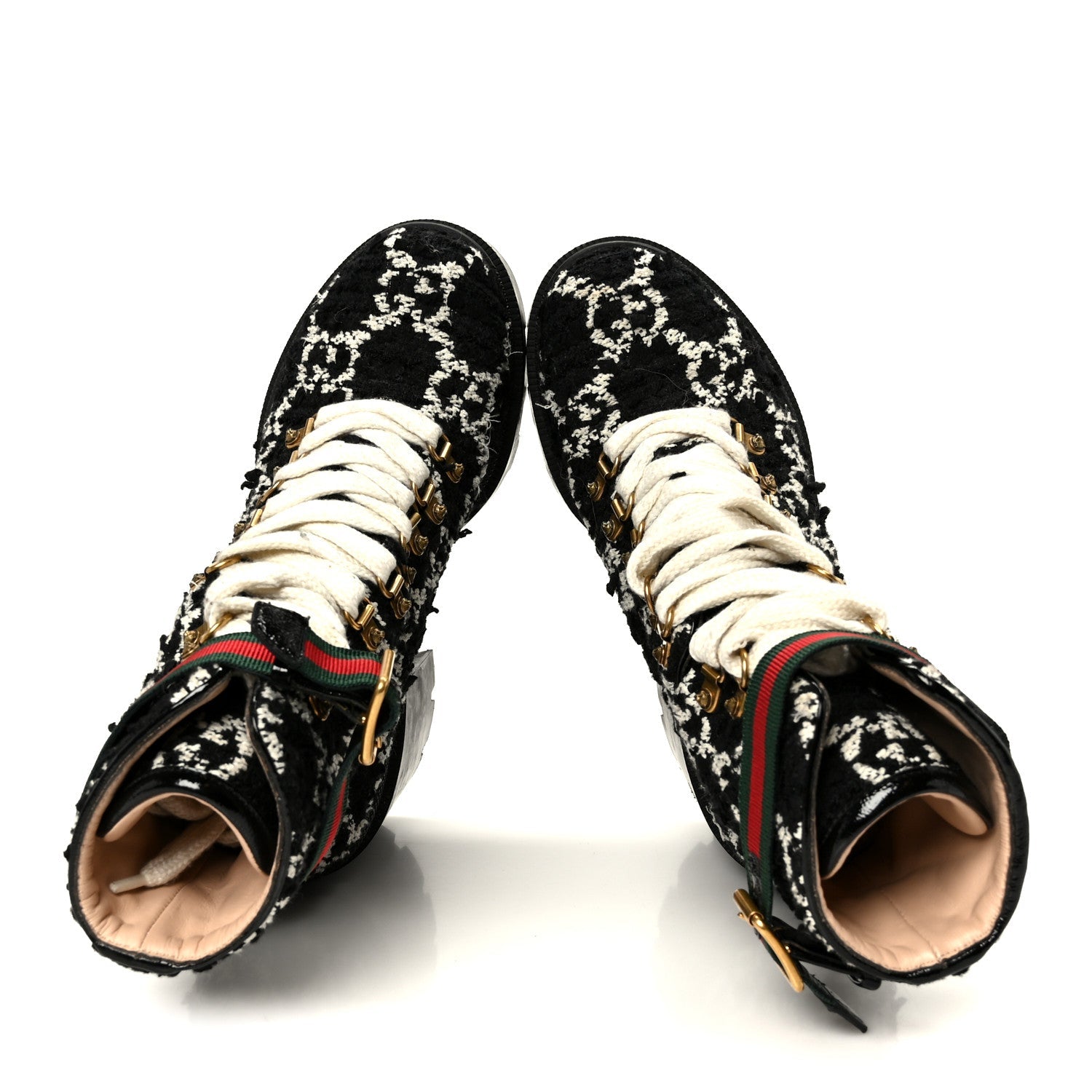 Gucci Tweed GG Monogram Lace Up Combat Ankle Boots 38 Black