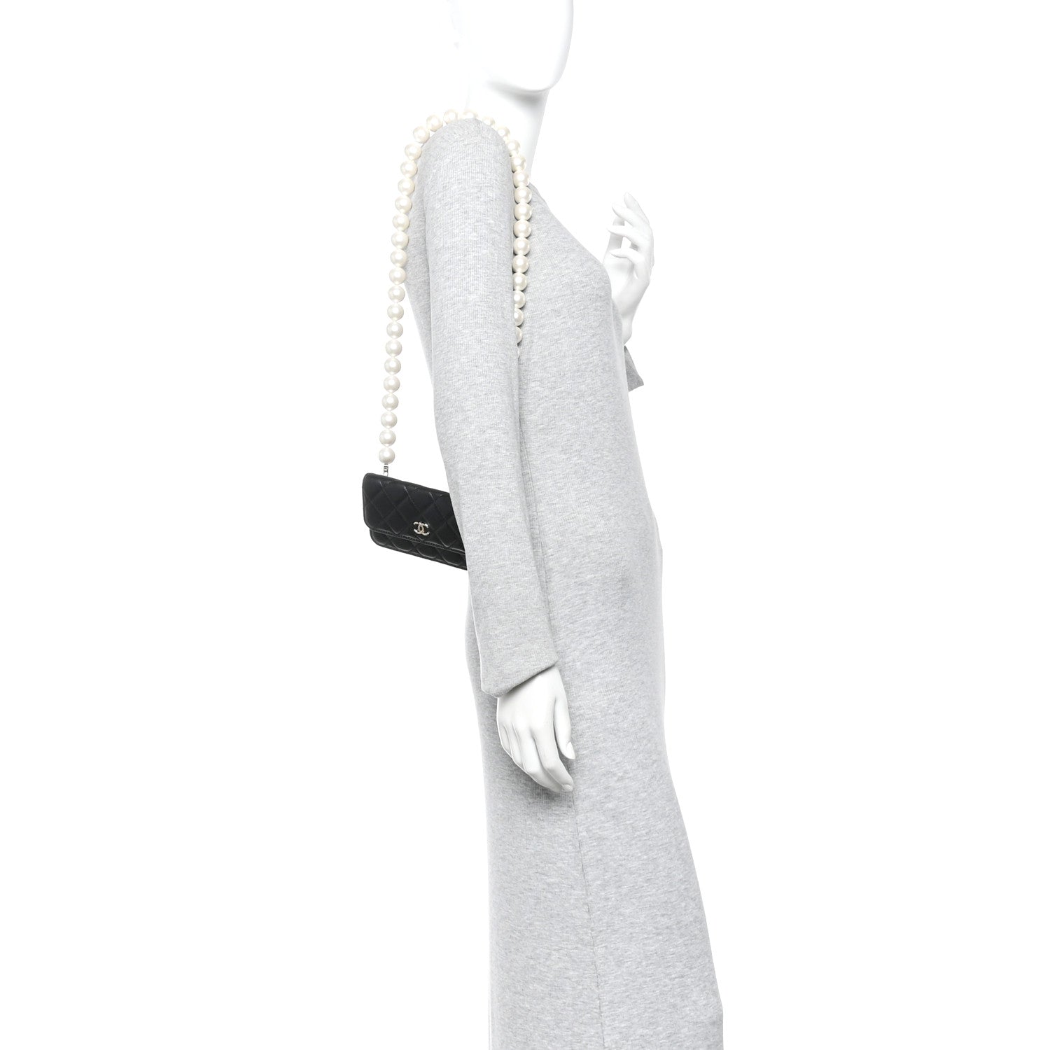 Chanel Calfskin Quilted Maxi Pearls Clutch With Chain Black