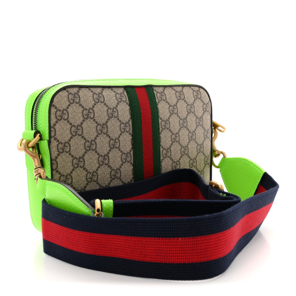 Gucci GG Supreme Monogram Textured Dollar Calfskin Web Ophidia Wristlet Shoulder Bag Beige Ebony Green