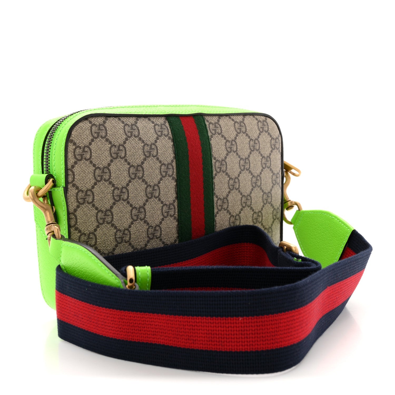 Gucci GG Supreme Monogram Textured Dollar Calfskin Web Ophidia Wristlet Shoulder Bag Beige Ebony Green