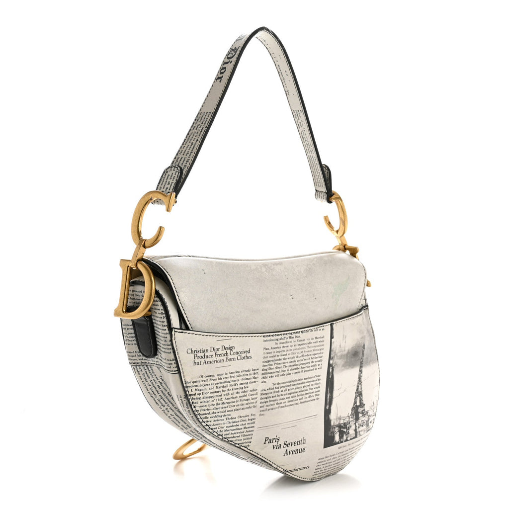 Christian Dior Calfskin Newspaper Printed Saddle Bag Black White