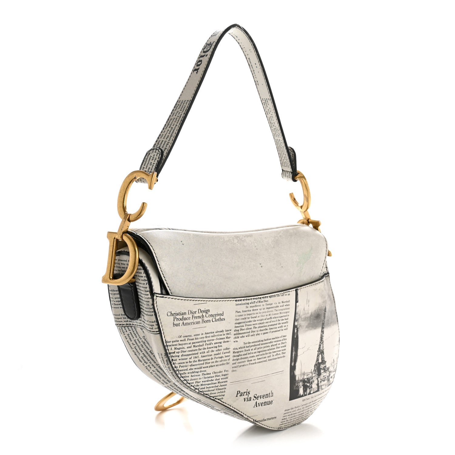 Christian Dior Calfskin Newspaper Printed Saddle Bag Black White