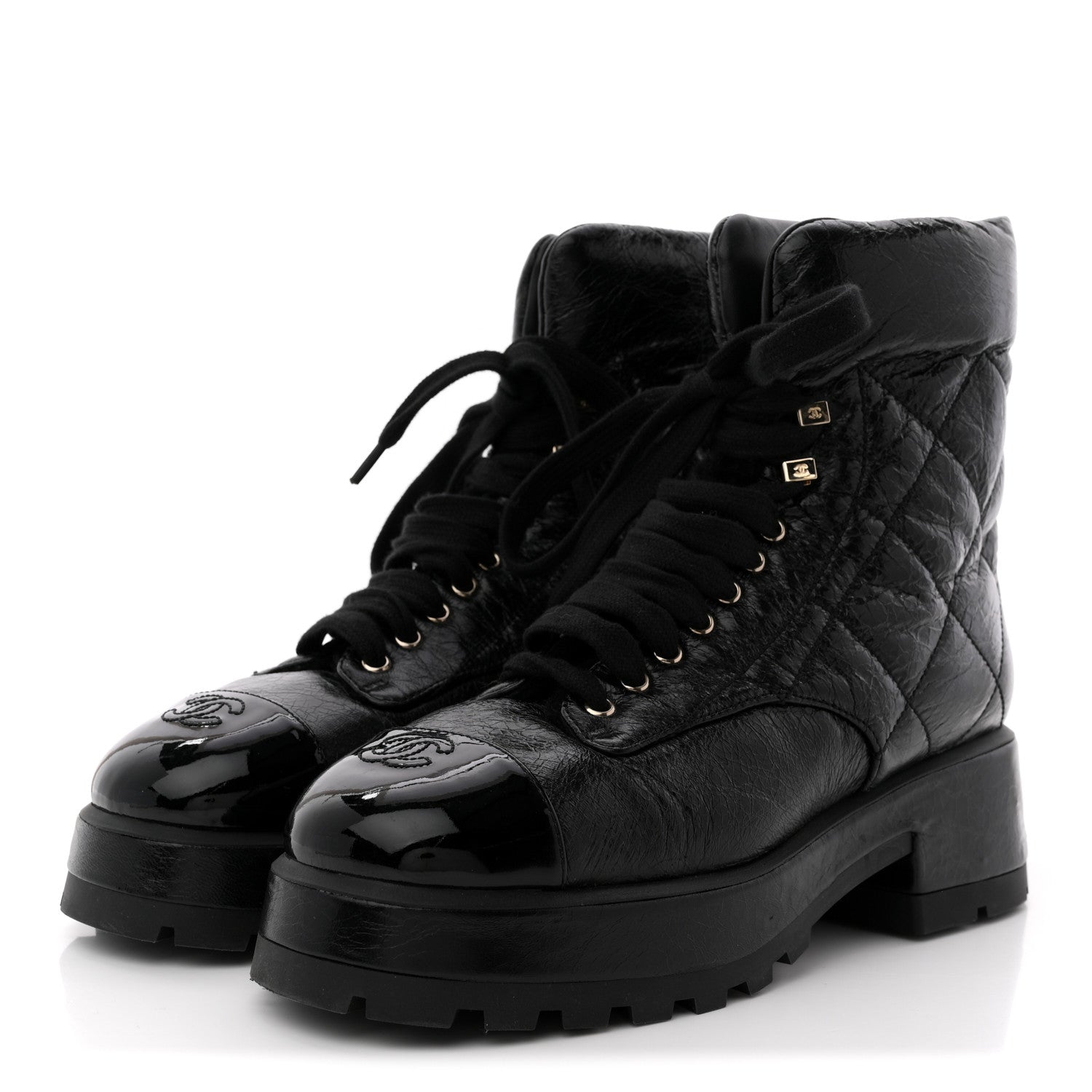 Crumpled Patent Lambskin Calfskin Quilted Lace Up Combat Boots 41.5 Black