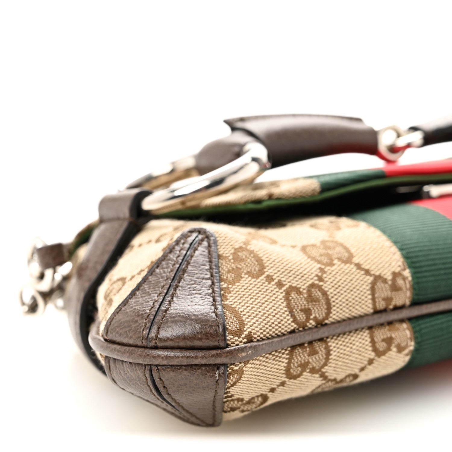 Gucci Monogram Textured Dollar Calfskin Heavy Grosgrain Web Small Maxi Horsebit Chain Shoulder Bag Beige Ebony New Acero