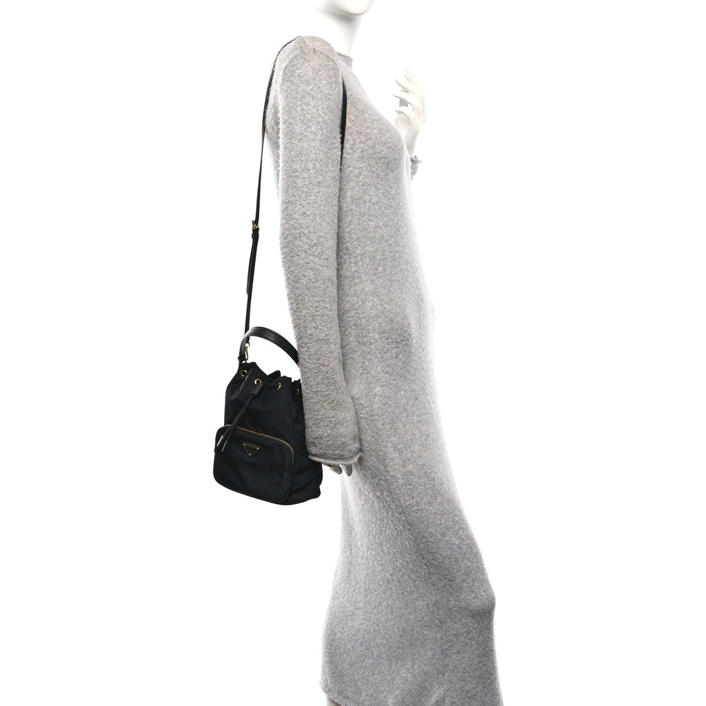 Prada Nylon Vela Saffiano Mini Bucket Crossbody Bag Black