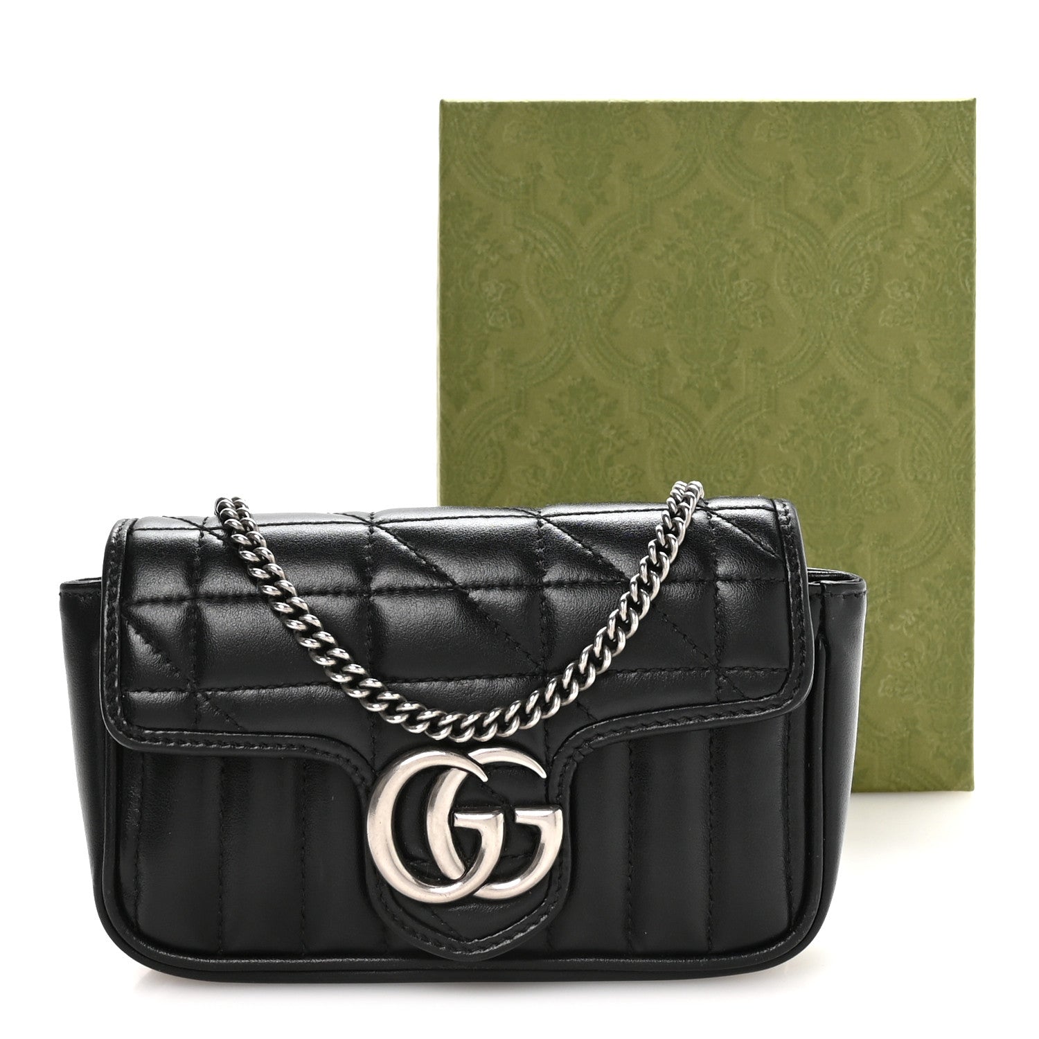 Gucci Calfskin Matelasse Aria Super Mini GG Marmont Shoulder Bag Black