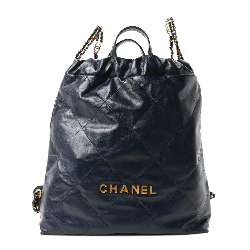 Chanel Shiny Calfskin Quilted Chanel 22 Backpack Dark Blue