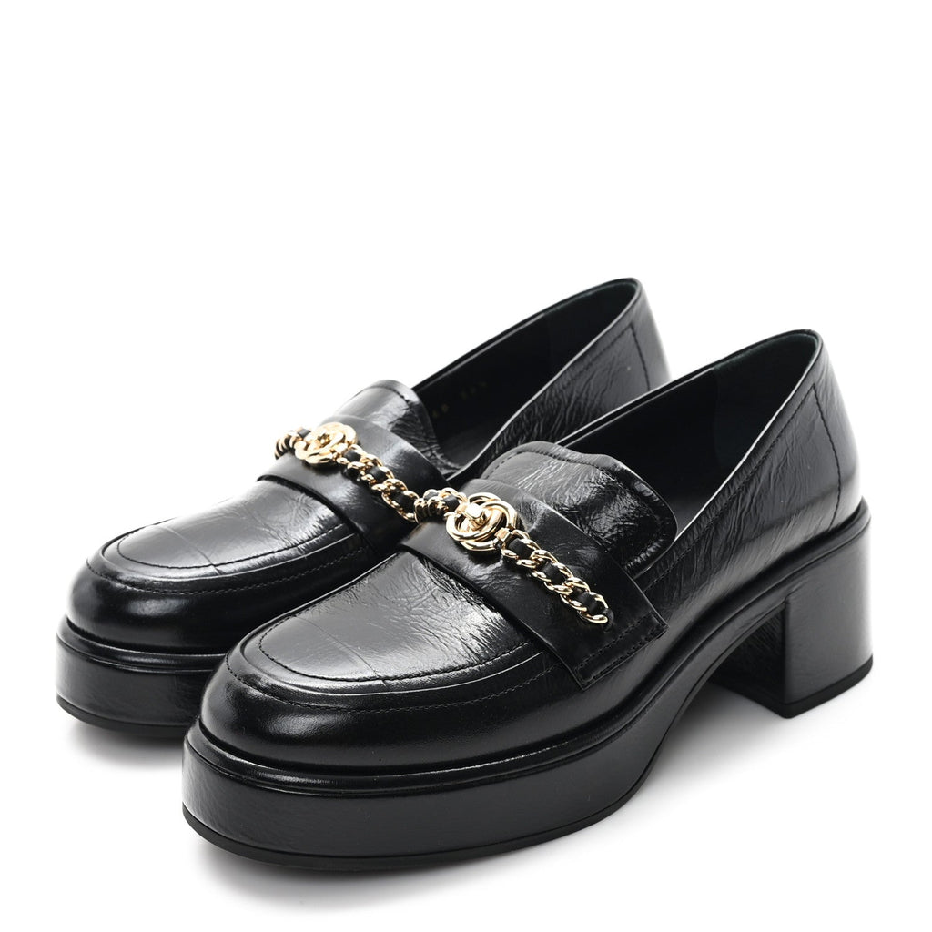Chanel Shiny Calfskin Logo Loafers 36.5 Black