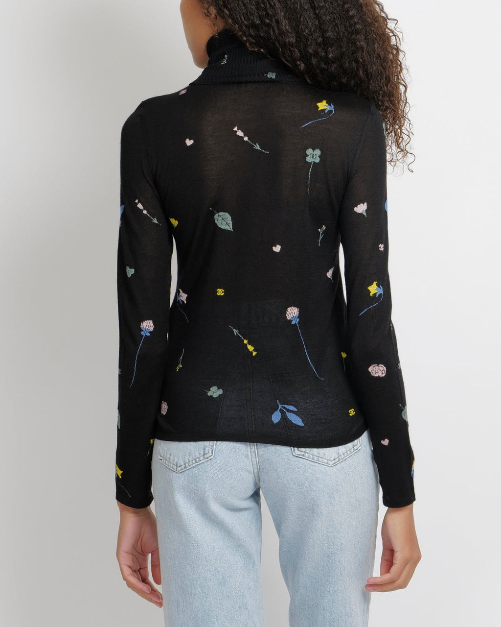 Chanel 18B  Black Cashmere High-Neck Jumper with Multi-Colour Floral and CC Logo Embroideries with Black and Silver CC Logo Button Detail Size FR 34 (UK 6)