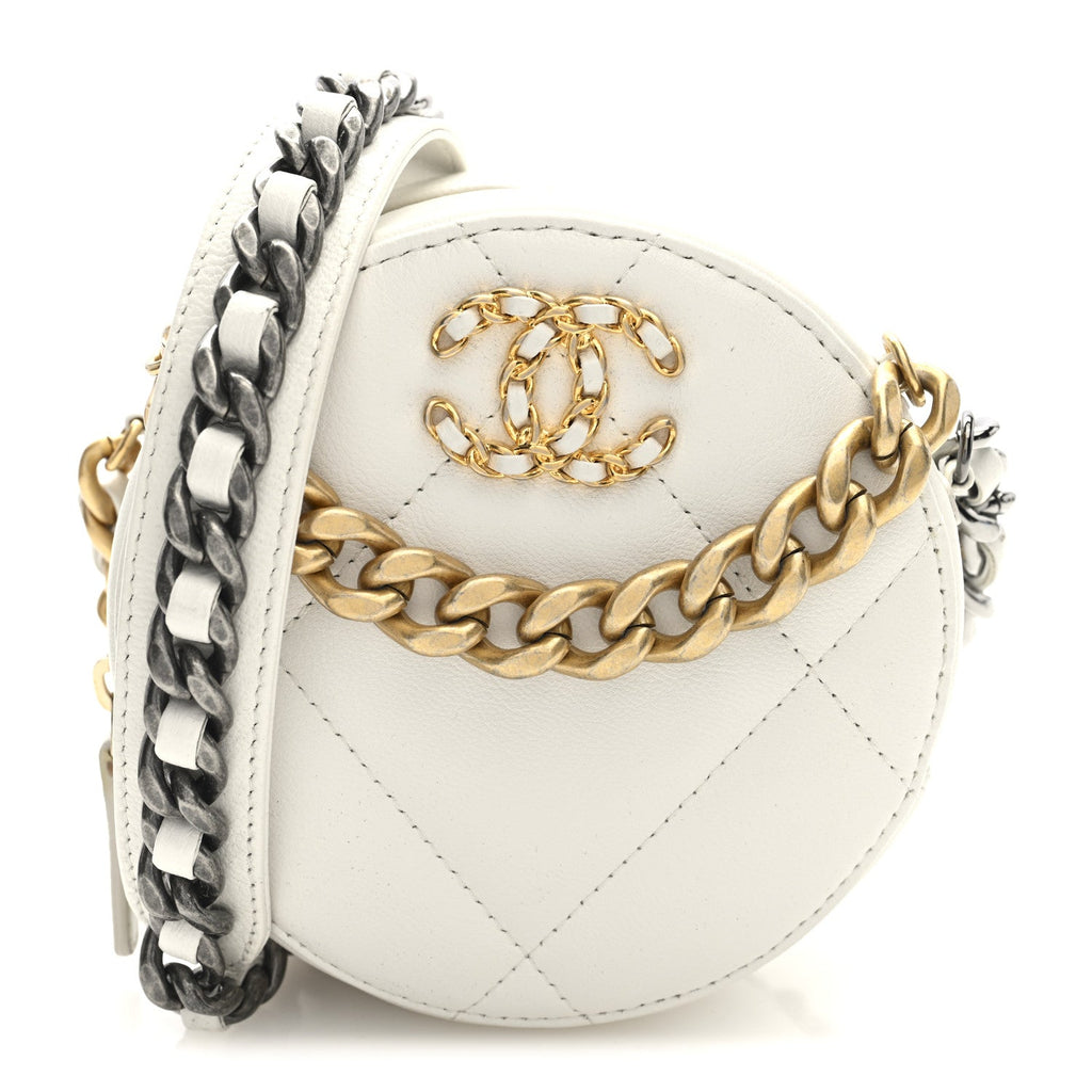 Chanel Shiny Goatskin Quilted Chanel 19 Round Clutch With Chain White