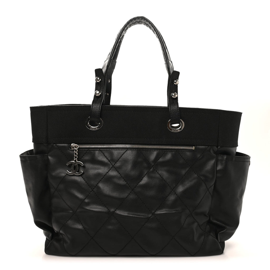 Chanel Coated Canvas Quilted Large Paris Biarritz Tote Black
