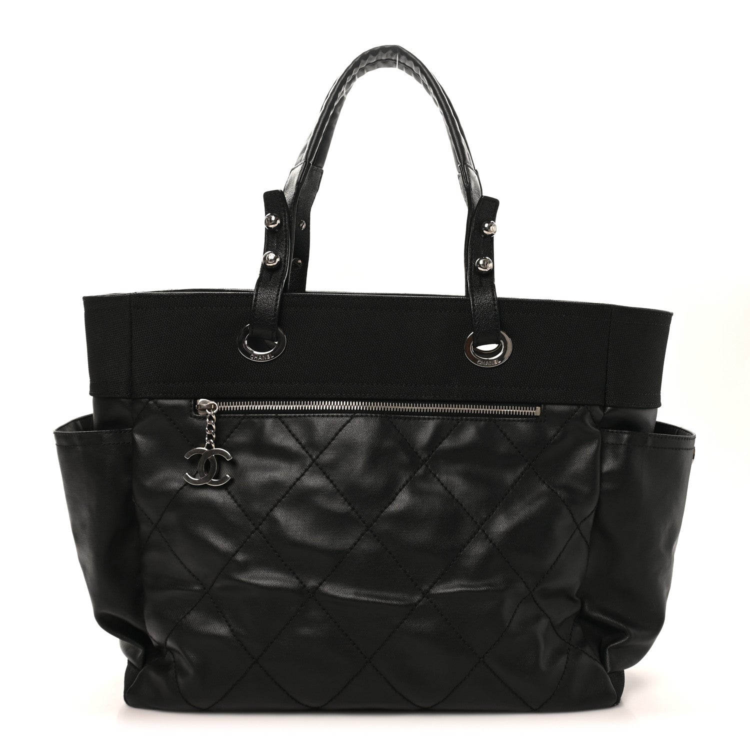 Chanel Coated Canvas Quilted Large Paris Biarritz Tote Black