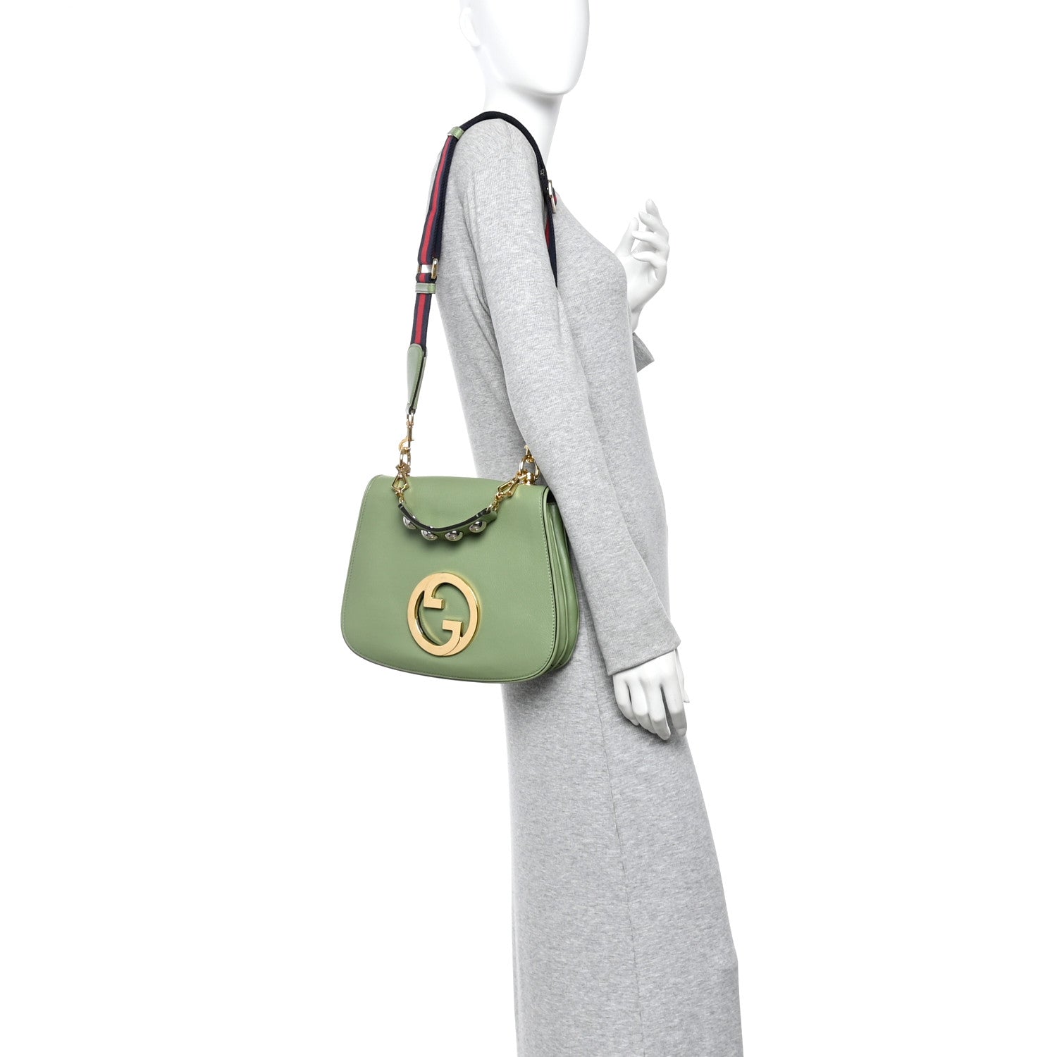 Gucci Roxy Calfskin Web Medium Blondie Top Handle Shoulder Flap Bag Salamander Green