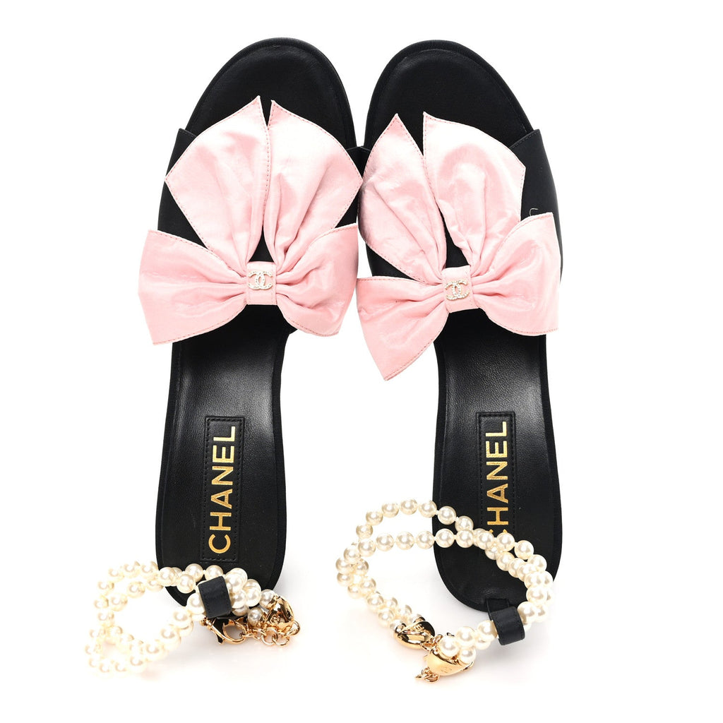 Chanel Silk Pearl Bow CC Ankle Strap Sandals 39.5 Pink Black