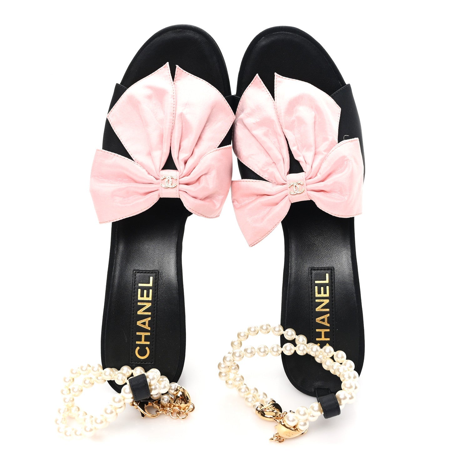 Chanel Silk Pearl Bow CC Ankle Strap Sandals 39.5 Pink Black