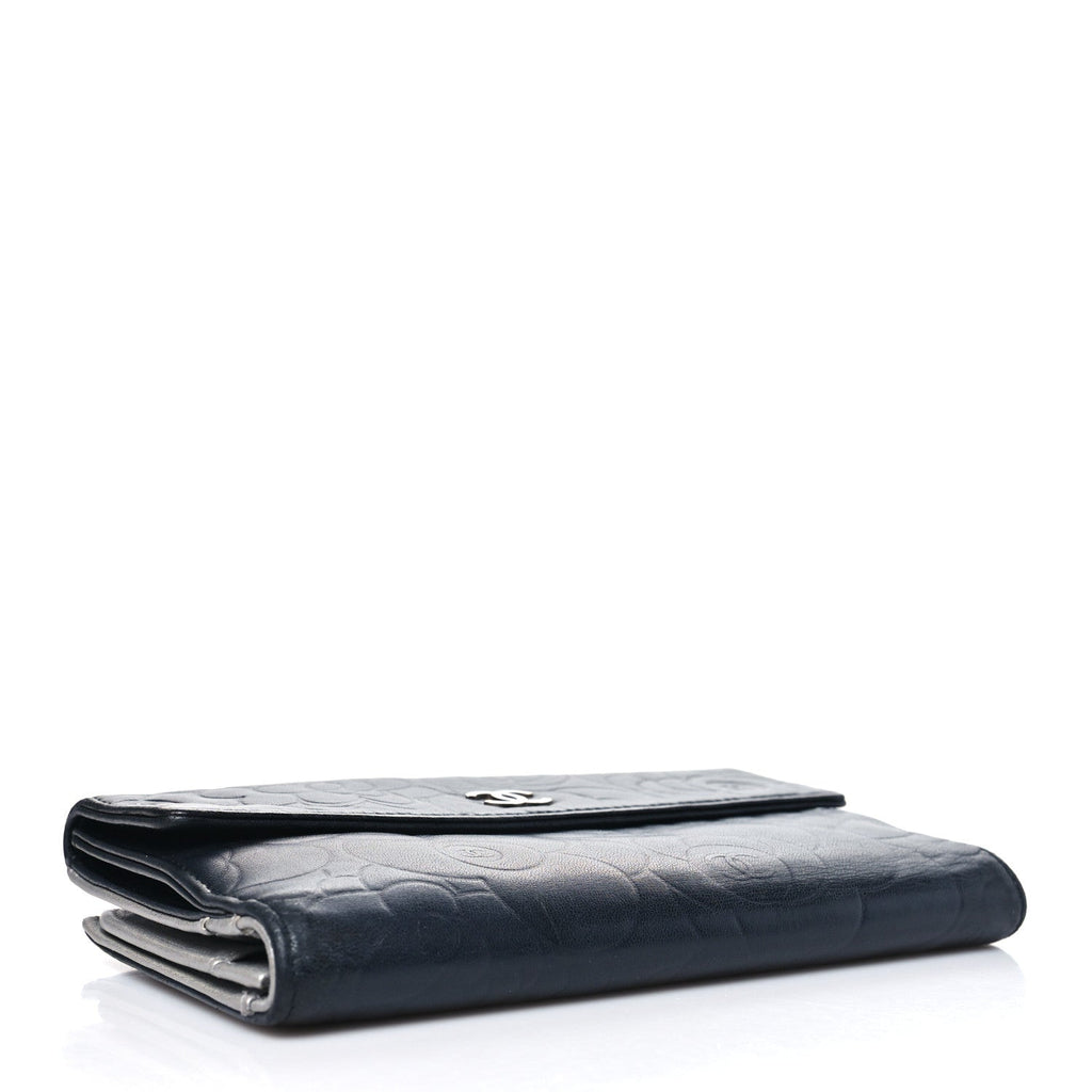 Lambskin Camellia Embossed Long Double Wallet Black
