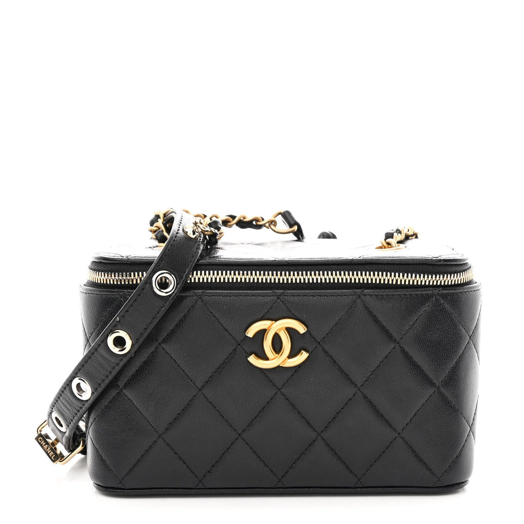 Chanel Goatskin Quilted Punk Essentials Vanity Case With Chain Black